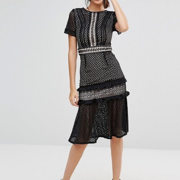 NWT TRUE DECADENCE Lace Ruffle Crochet PENCIL dress Size 10 or S - M SLIM FIT - Picture 1 of 17